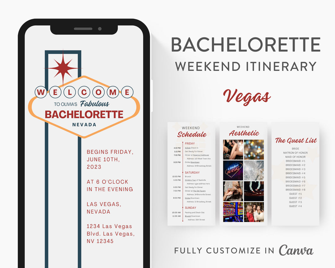 Bachelorette Itinerary Template, Vegas Themed, Editable on Canva, Printable Editable Template, Weekend Planner Digital Template Download