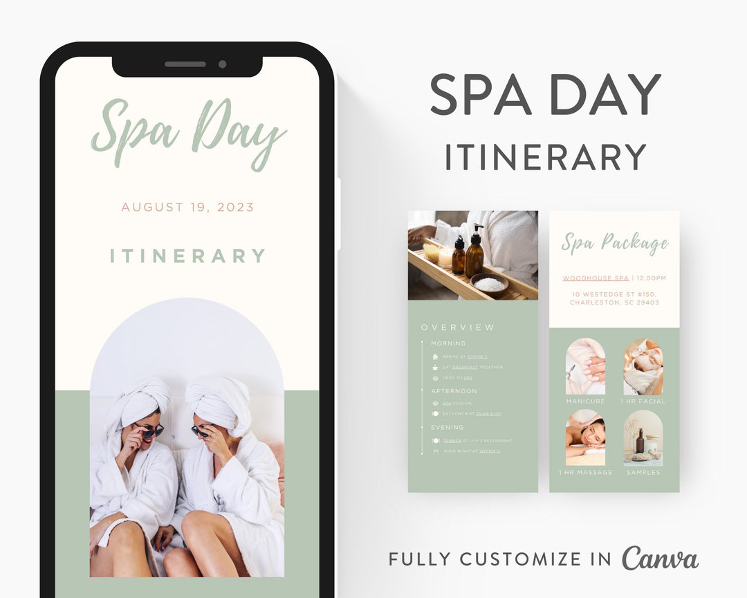 Spa Day Itinerary Template, Editable on Canva, Printable Editable Template, Event Planner Digital Template Download