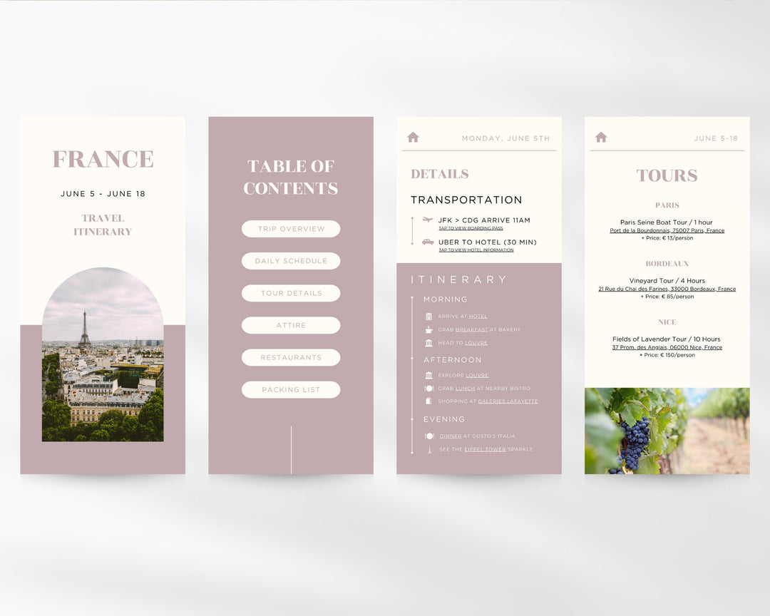 Travel Itinerary Mobile Template Modern Minimal Classic, Editable on Canva, Printable, Digital Template Download, Traveling Guide France