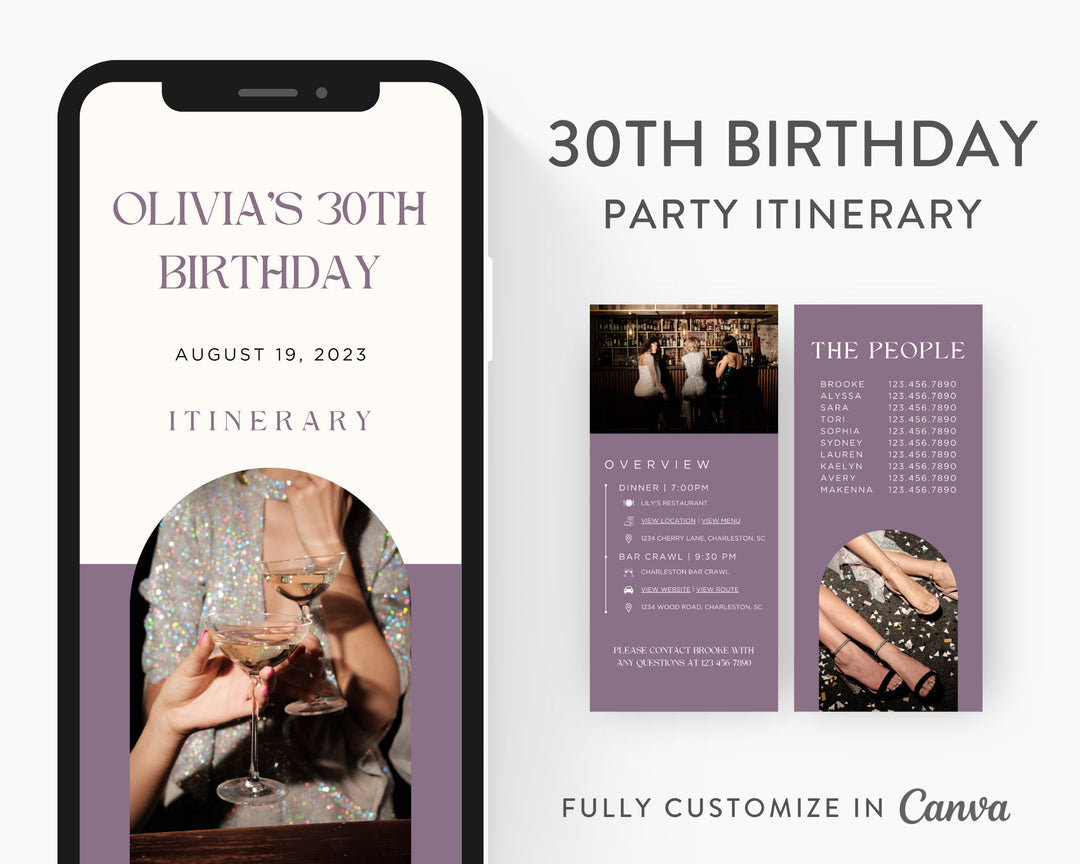 30th Birthday Itinerary Template, Editable on Canva, Printable Editable Template, Birthday Planner Digital Template Download