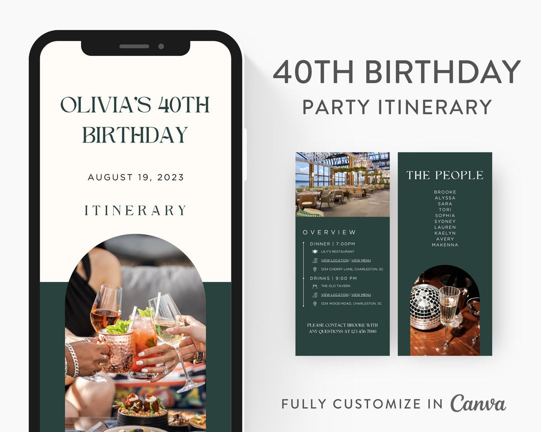 40th Birthday Itinerary Template, Editable on Canva, Printable Editable Template, Birthday Planner Digital Template Download