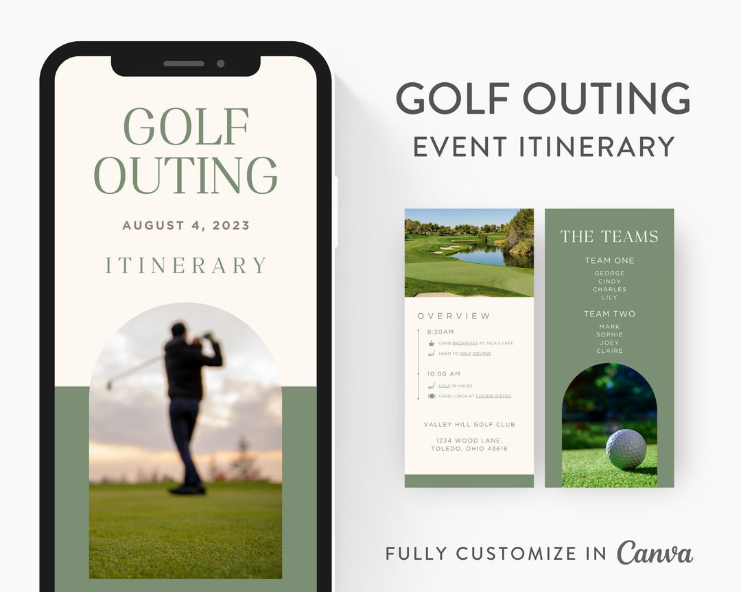 Golf Outing Itinerary Template, Editable on Canva, Printable Editable Template, Golf Tournament Planner Digital Template Download