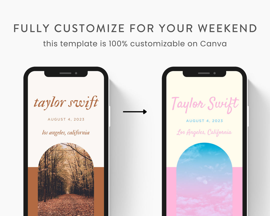 ERAS TOUR Taylor Swift Mobile Concert Template, Edit on Canva, Evermore Themed Itinerary to Customize for your next concert weekend