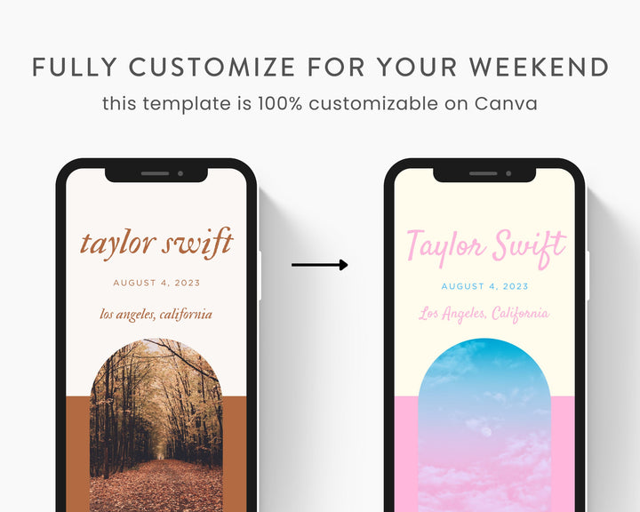 ERAS TOUR Taylor Swift Mobile Concert Template, Edit on Canva, Evermore Themed Itinerary to Customize for your next concert weekend