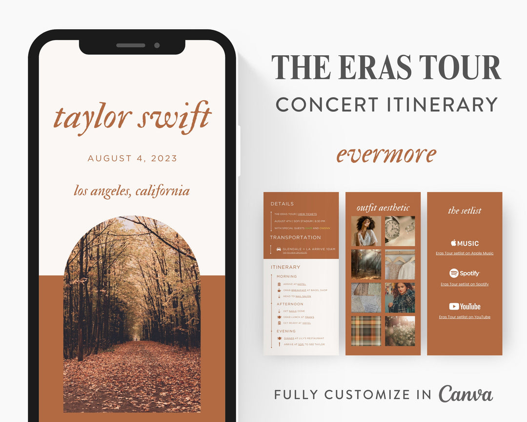 ERAS TOUR Taylor Swift Mobile Concert Template, Edit on Canva, Evermore Themed Itinerary to Customize for your next concert weekend