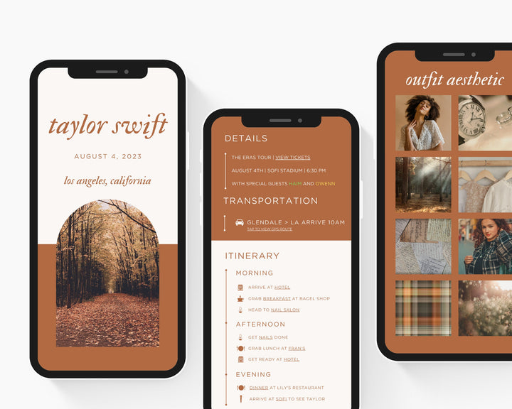 ERAS TOUR Taylor Swift Mobile Concert Template, Edit on Canva, Evermore Themed Itinerary to Customize for your next concert weekend