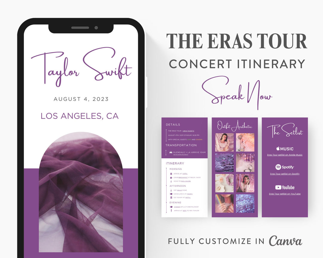 ERAS TOUR Taylor Swift Mobile Concert Template, Edit on Canva, Speak Now Themed Itinerary to Customize for your next concert weekend