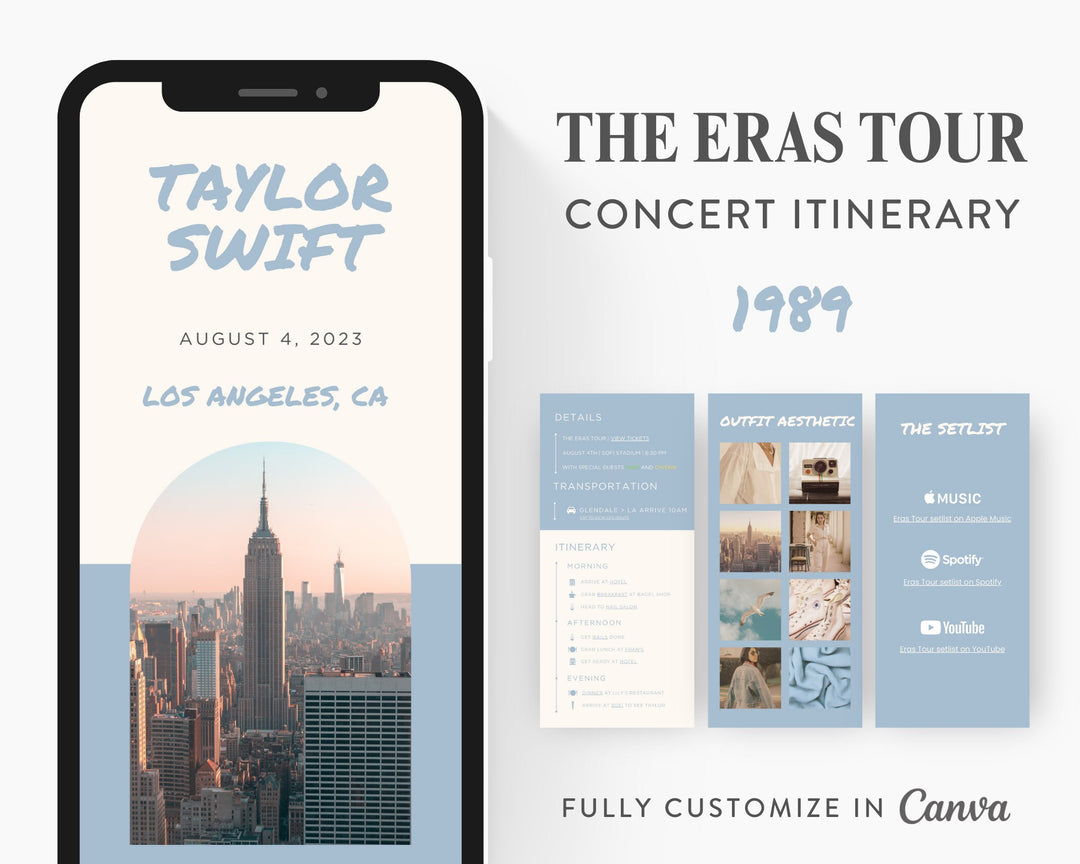 ERAS TOUR Taylor Swift Mobile Concert Template, Edit on Canva, 1989 Themed Itinerary to Customize for your next concert weekend