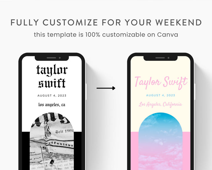 ERAS TOUR Taylor Swift Mobile Concert Template, Edit on Canva, Reputation Themed Itinerary to Customize for your next concert weekend