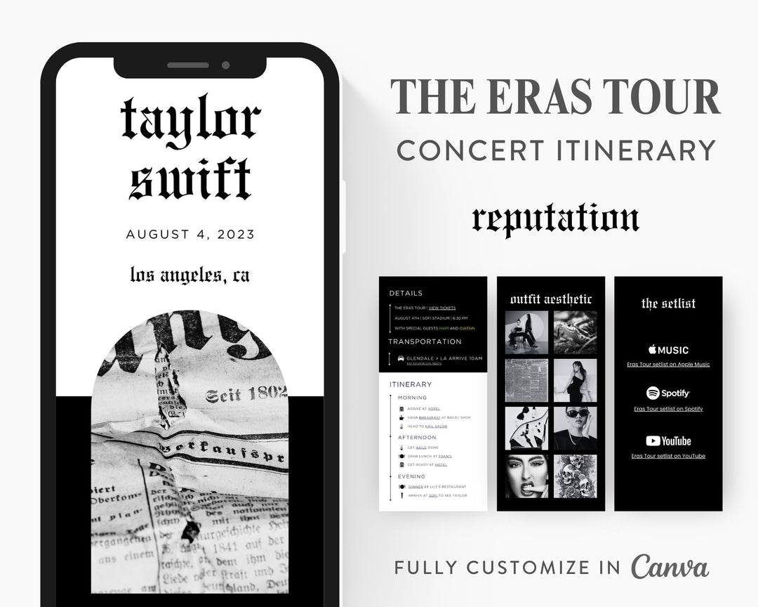 ERAS TOUR Taylor Swift Mobile Concert Template, Edit on Canva, Reputation Themed Itinerary to Customize for your next concert weekend