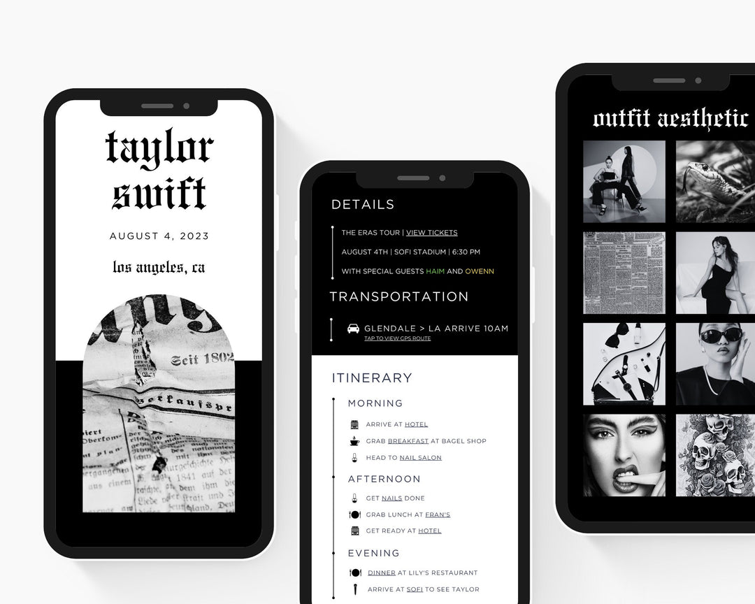 ERAS TOUR Taylor Swift Mobile Concert Template, Edit on Canva, Reputation Themed Itinerary to Customize for your next concert weekend