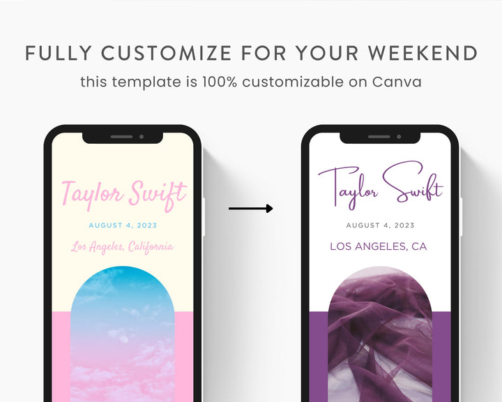 ERAS TOUR Taylor Swift Mobile Concert Template, Edit on Canva, Lover Themed Itinerary to Customize for your next concert weekend