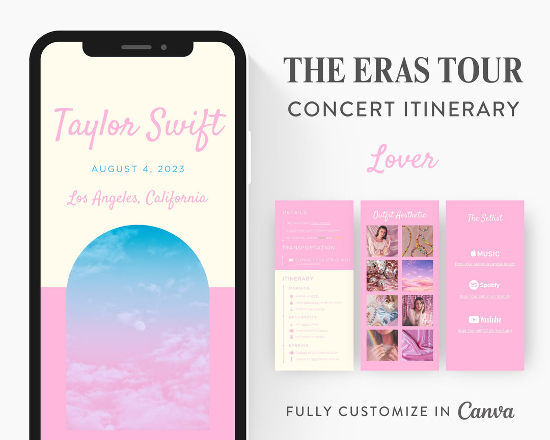 ERAS TOUR Taylor Swift Mobile Concert Template, Edit on Canva, Lover Themed Itinerary to Customize for your next concert weekend