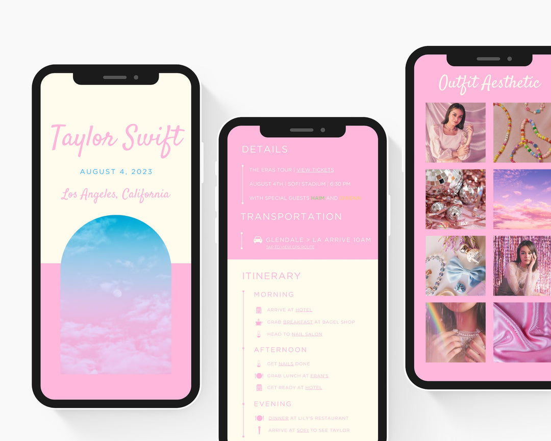 ERAS TOUR Taylor Swift Mobile Concert Template, Edit on Canva, Lover Themed Itinerary to Customize for your next concert weekend