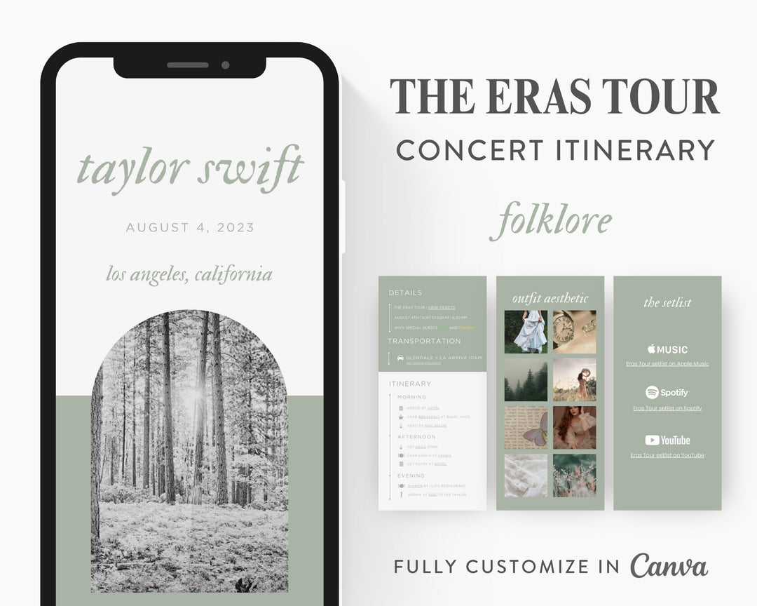 ERAS TOUR Taylor Swift Mobile Concert Template, Edit on Canva, Folklore Themed Itinerary to Customize for your next concert weekend