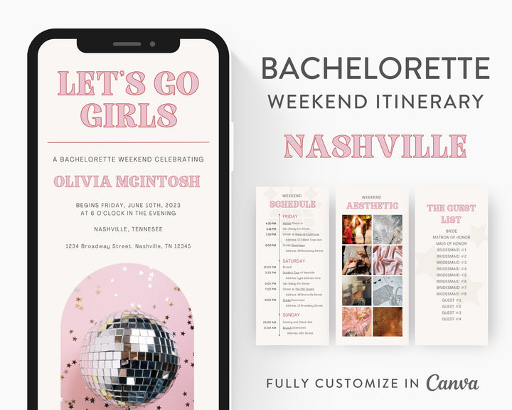 Bachelorette Itinerary Template, Nashville Themed, Editable on Canva, Printable Editable Template, Weekend Planner Digital Template Download