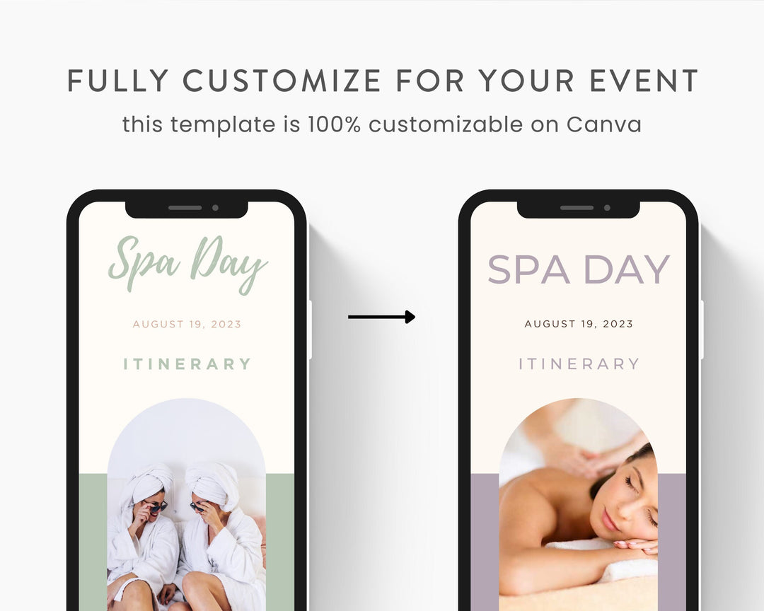 Spa Day Itinerary Template, Editable on Canva, Printable Editable Template, Event Planner Digital Template Download