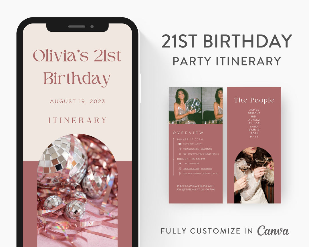 21st Birthday Itinerary Template, Editable on Canva, Printable Editable Template, Birthday Planner Digital Template Download