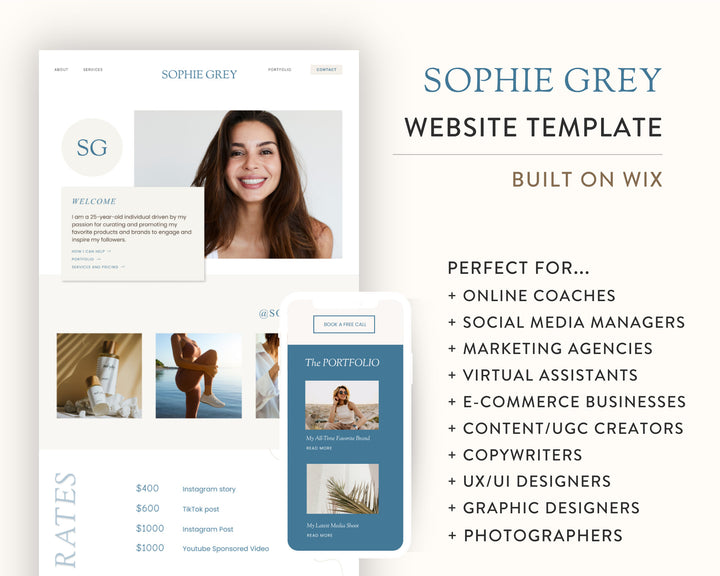 WIX Website Template for Social Media Marketing, Graphic Design, Coaches, Blogs, E-Commerce | SOPHIE GREY Theme | Modern Minimal Neutral