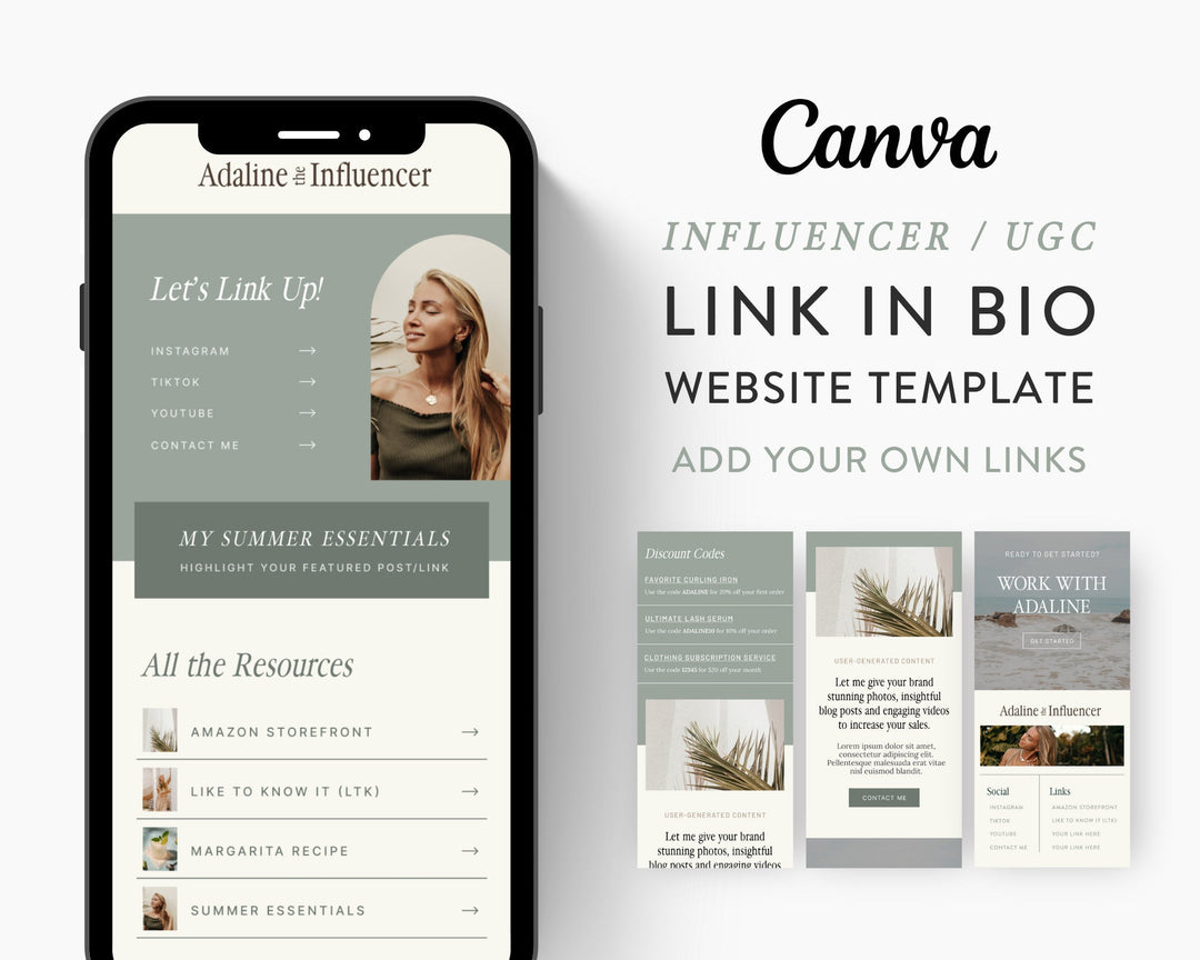 Canva Link in Bio Template for Social Media Marketing, Influencers, Coaches, Blogs, UGC Creators | ADALINE Theme | Modern Minimal
