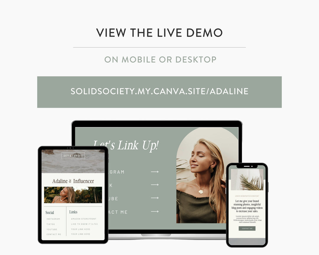 Canva Link in Bio Template for Social Media Marketing, Influencers, Coaches, Blogs, UGC Creators | ADALINE Theme | Modern Minimal