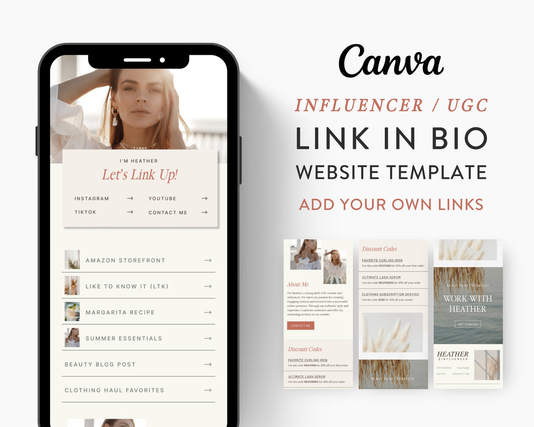 Canva Link in Bio Template for Social Media Marketing, Influencers, Coaches, Blogs, UGC Creators | HEATHER Theme | Modern Minimal