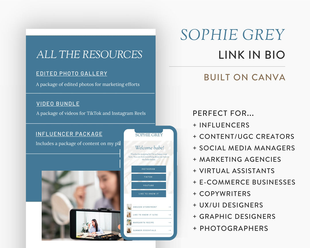 Canva Link in Bio Template for Social Media Marketing, Influencers, Coaches, Blogs, UGC Creators | SOPHIE GREY Theme | Modern Minimal