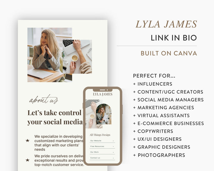 Canva Link in Bio Template for Social Media Marketing, Influencers, Coaches, Blogs, UGC Creators | LYLA JAMES Theme | Modern Minimal