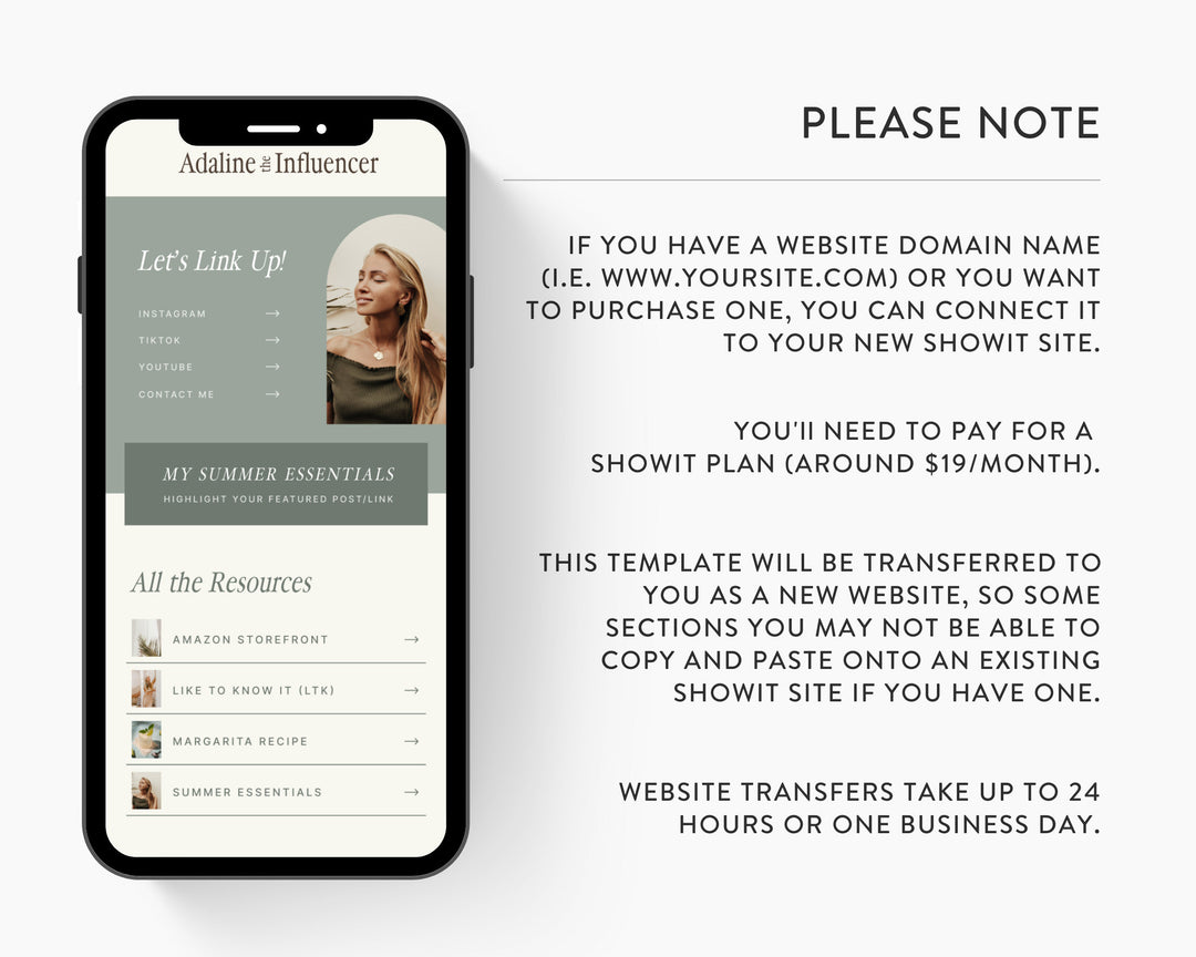 ShowIt Link in Bio Template for Social Media Marketing, Influencers, Coaches, Blogs, UGC Creators | ADALINE Theme | Modern Minimal