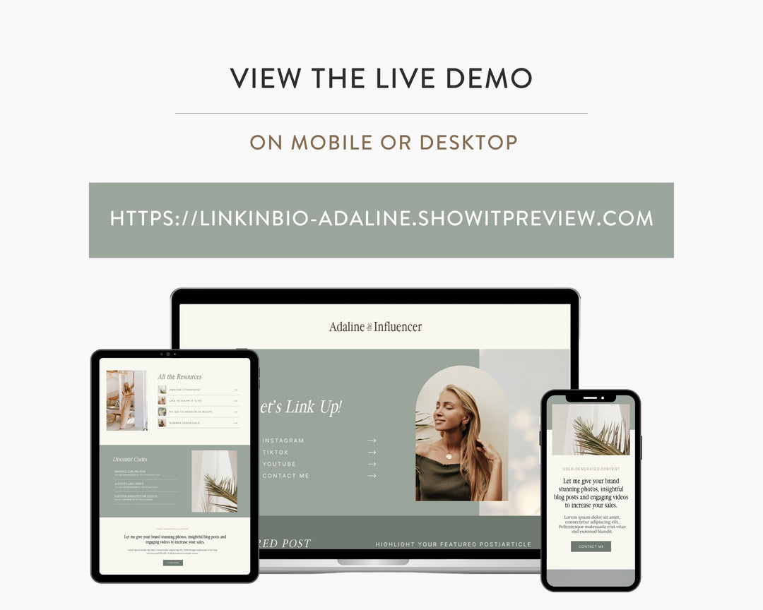 ShowIt Link in Bio Template for Social Media Marketing, Influencers, Coaches, Blogs, UGC Creators | ADALINE Theme | Modern Minimal