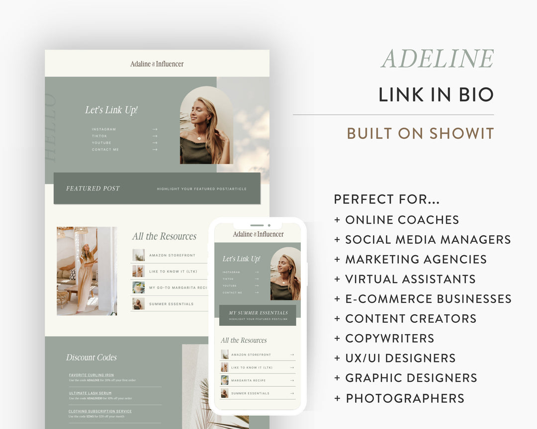 ShowIt Link in Bio Template for Social Media Marketing, Influencers, Coaches, Blogs, UGC Creators | ADALINE Theme | Modern Minimal