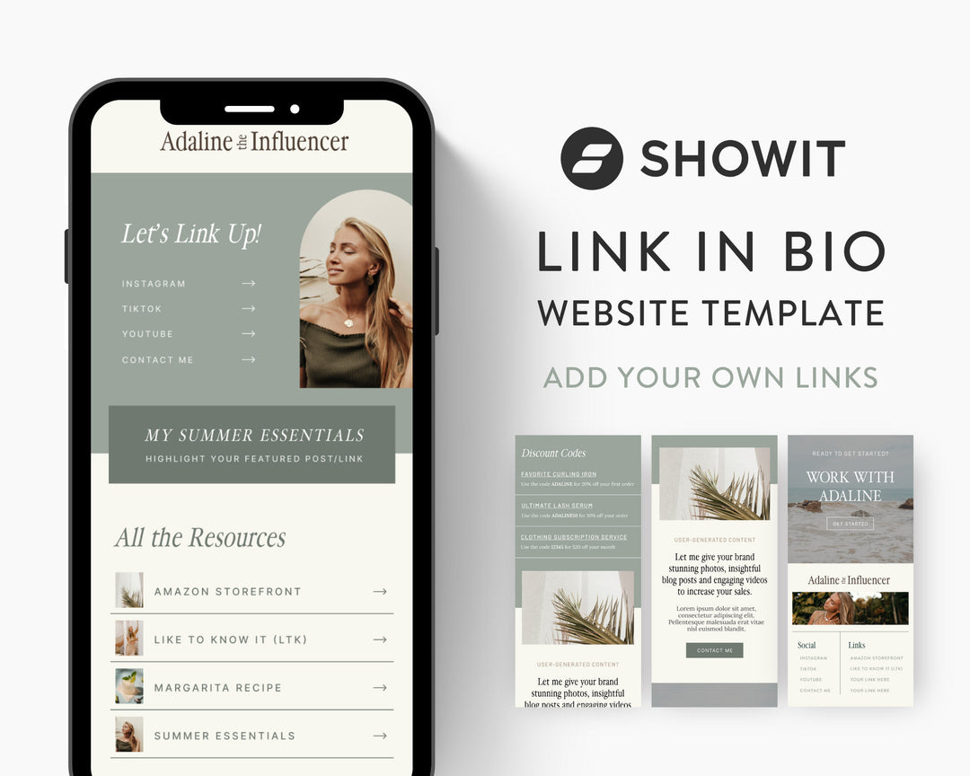 ShowIt Link in Bio Template for Social Media Marketing, Influencers, Coaches, Blogs, UGC Creators | ADALINE Theme | Modern Minimal