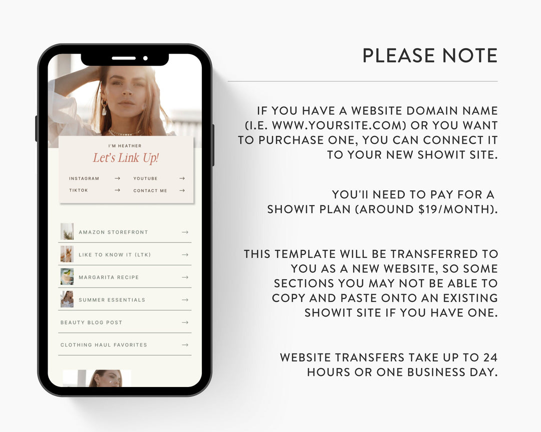 ShowIt Link in Bio Template for Social Media Marketing, Influencers, Coaches, Blogs, UGC Creators | HEATHER Theme | Modern Minimal