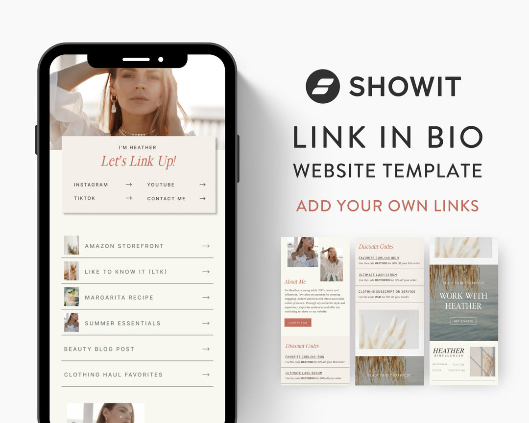 ShowIt Link in Bio Template for Social Media Marketing, Influencers, Coaches, Blogs, UGC Creators | HEATHER Theme | Modern Minimal