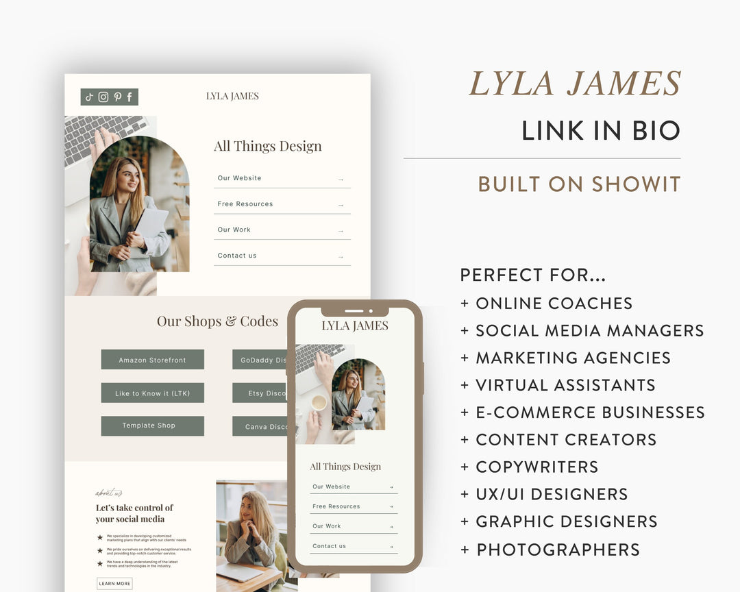 ShowIt Link in Bio Template for Social Media Marketing, Influencers, Coaches, Blogs, UGC Creators | LYLA JAMES Theme | Modern Minimal