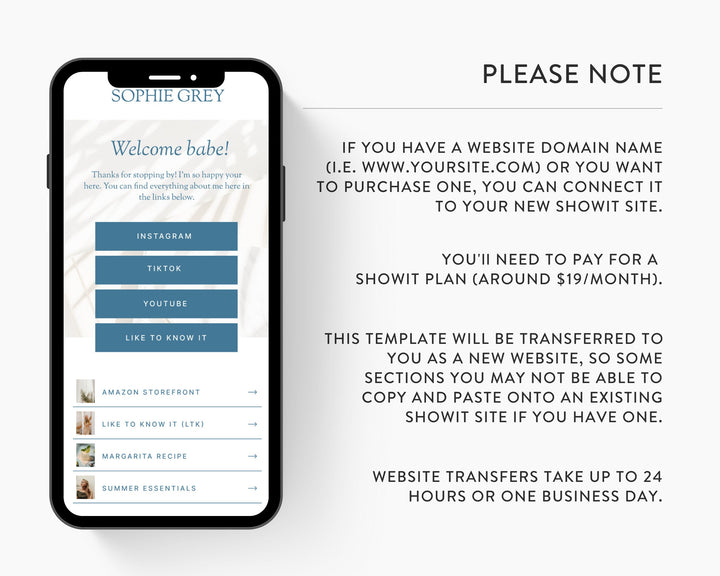 ShowIt Link in Bio Template for Social Media Marketing, Influencers, Coaches, Blogs, UGC Creators | SOPHIE GREY Theme | Modern Minimal