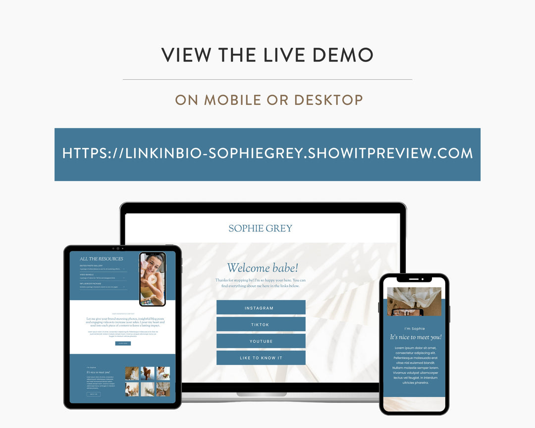 ShowIt Link in Bio Template for Social Media Marketing, Influencers, Coaches, Blogs, UGC Creators | SOPHIE GREY Theme | Modern Minimal