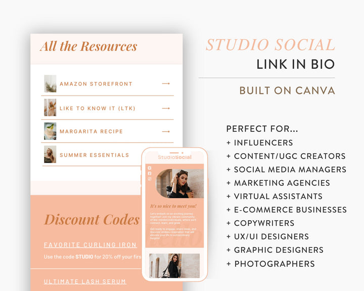 Canva Link in Bio Template for Social Media Marketing, Influencers, Coaches, Blogs, UGC Creators | STUDIO SOCIAL Theme | Modern Minimal