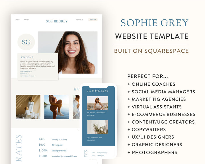 SQUARESPACE Website Template for Social Media Marketing, Graphic Design, Coaches, Blogs, E-Commerce, | SOPHIE GREY Theme | Modern Minimal