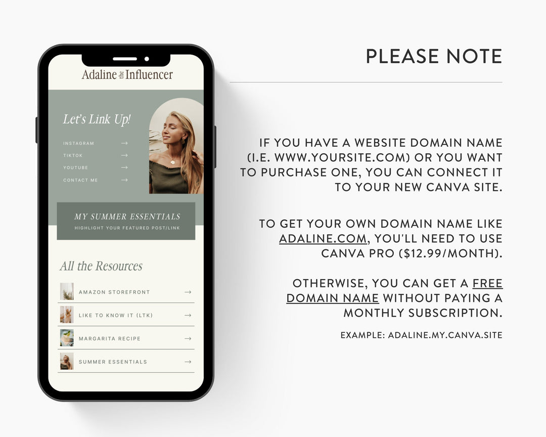 Canva Link in Bio Template for Social Media Marketing, Influencers, Coaches, Blogs, UGC Creators | ADALINE Theme | Modern Minimal