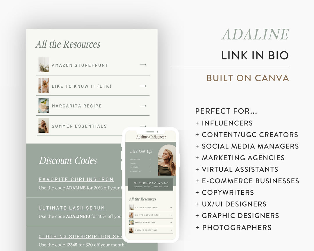 Canva Link in Bio Template for Social Media Marketing, Influencers, Coaches, Blogs, UGC Creators | ADALINE Theme | Modern Minimal