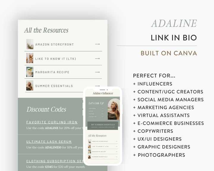 Canva Link in Bio Template for Social Media Marketing, Influencers, Coaches, Blogs, UGC Creators | ADALINE Theme | Modern Minimal