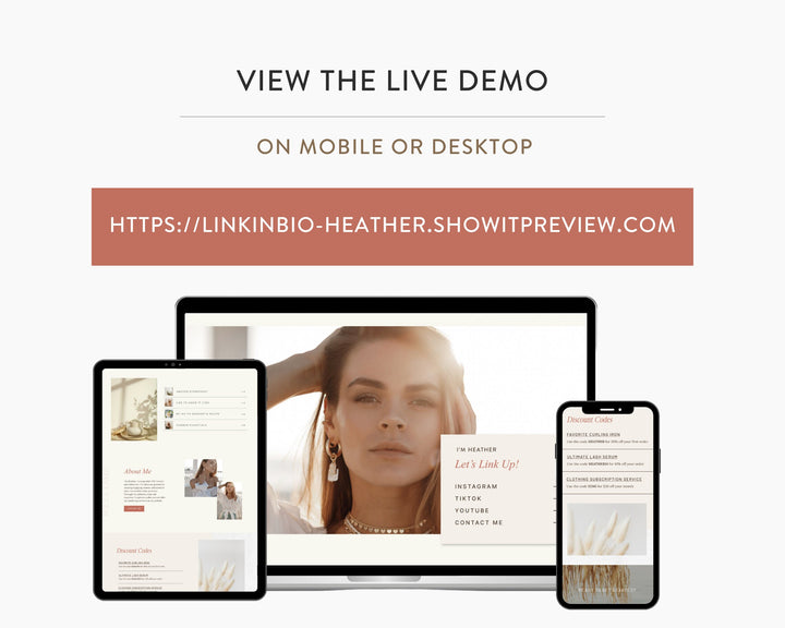 ShowIt Link in Bio Template for Social Media Marketing, Influencers, Coaches, Blogs, UGC Creators | HEATHER Theme | Modern Minimal
