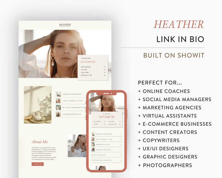 ShowIt Link in Bio Template for Social Media Marketing, Influencers, Coaches, Blogs, UGC Creators | HEATHER Theme | Modern Minimal