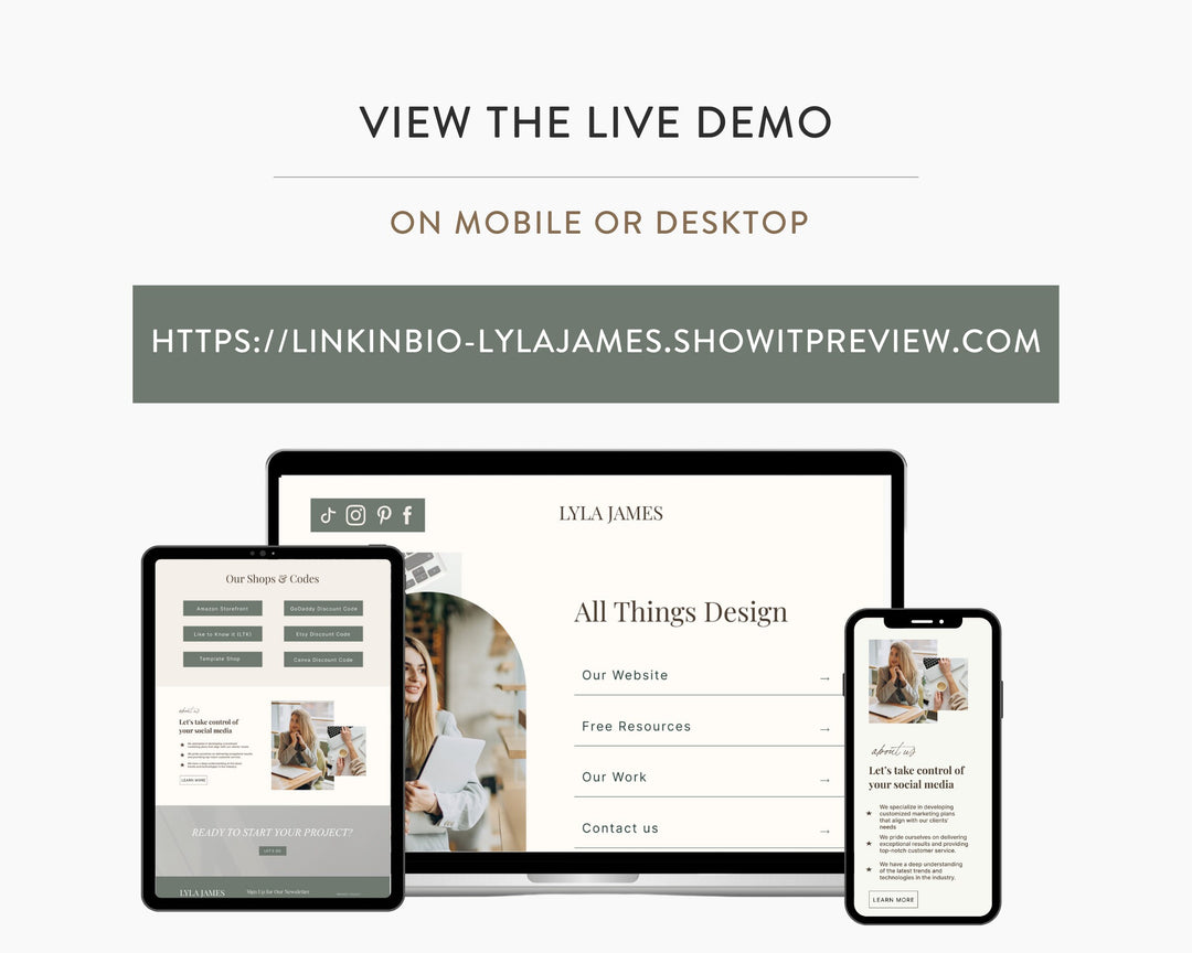 ShowIt Link in Bio Template for Social Media Marketing, Influencers, Coaches, Blogs, UGC Creators | LYLA JAMES Theme | Modern Minimal