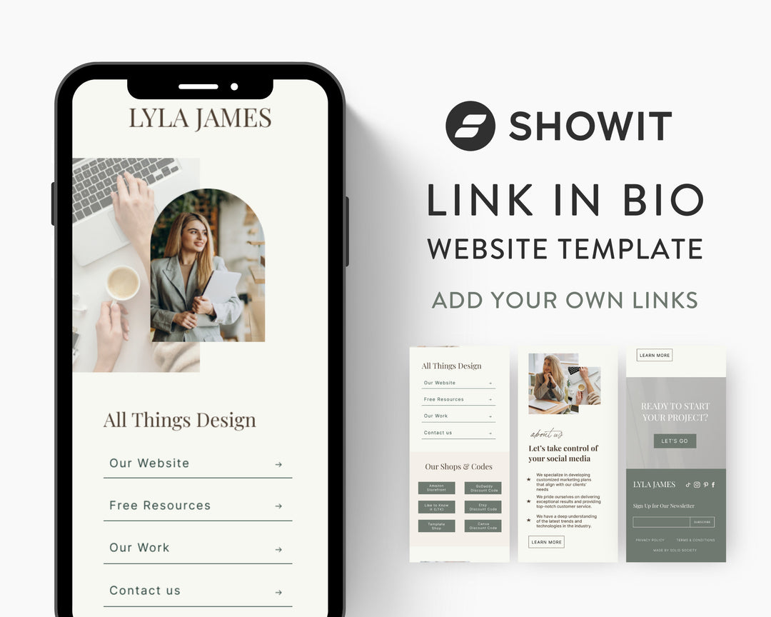 ShowIt Link in Bio Template for Social Media Marketing, Influencers, Coaches, Blogs, UGC Creators | LYLA JAMES Theme | Modern Minimal