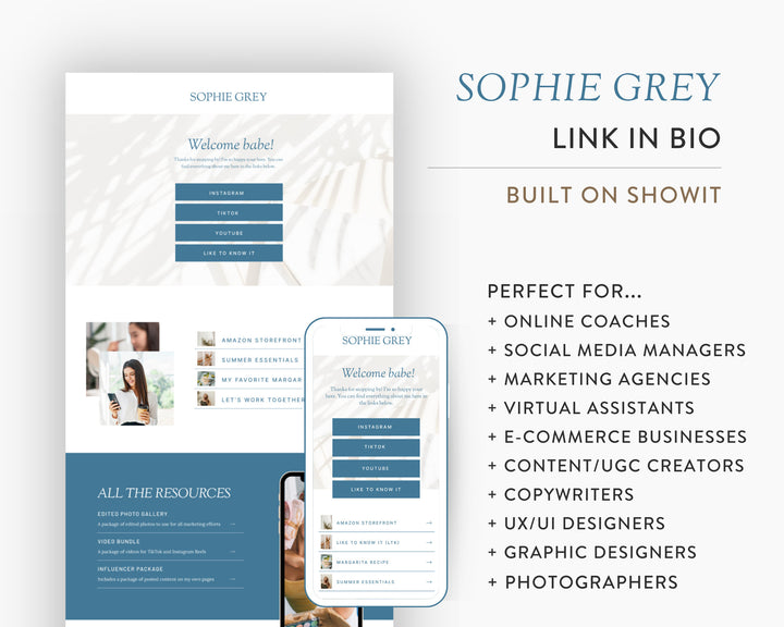 ShowIt Link in Bio Template for Social Media Marketing, Influencers, Coaches, Blogs, UGC Creators | SOPHIE GREY Theme | Modern Minimal