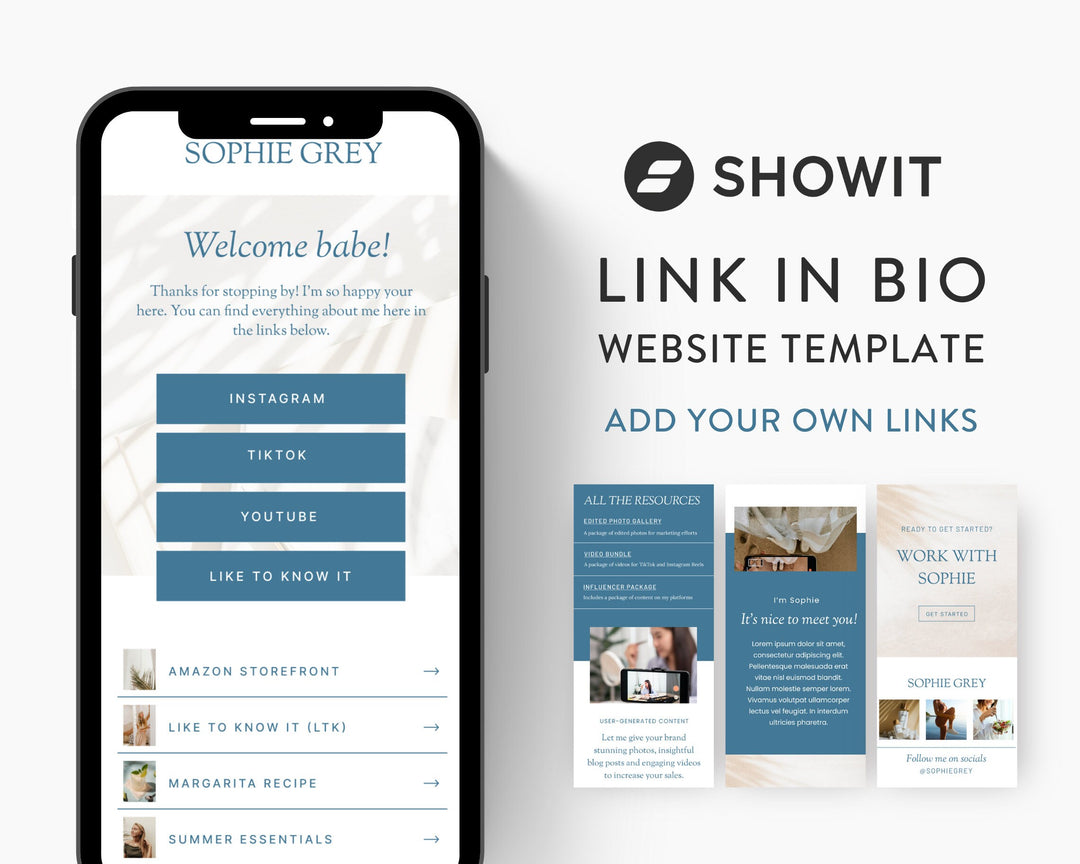 ShowIt Link in Bio Template for Social Media Marketing, Influencers, Coaches, Blogs, UGC Creators | SOPHIE GREY Theme | Modern Minimal