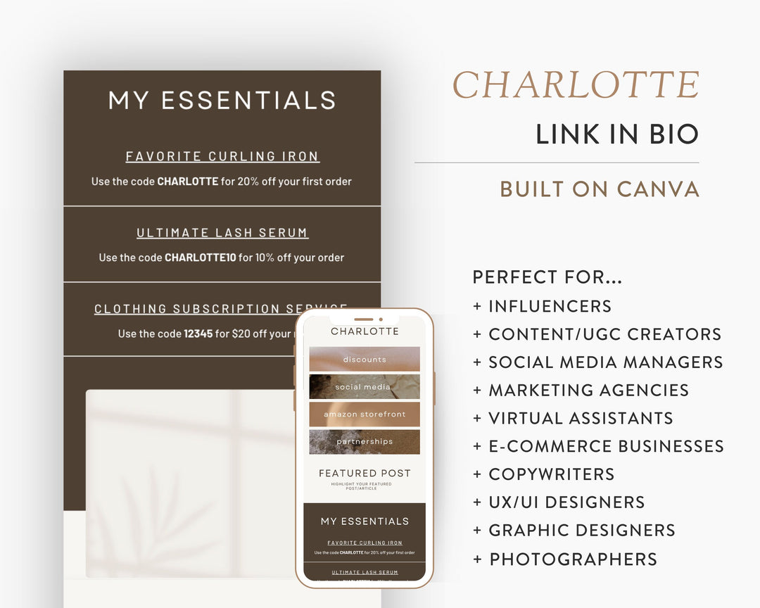 Canva Link in Bio Template for Social Media Marketing, Influencers, Coaches, Blogs, UGC Creators | CHARLOTTE Theme | Modern Minimal