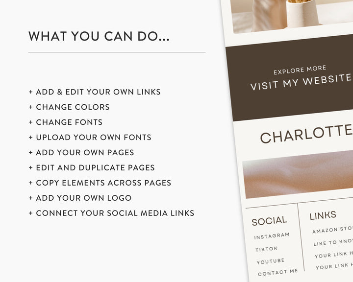 Canva Link in Bio Template for Social Media Marketing, Influencers, Coaches, Blogs, UGC Creators | CHARLOTTE Theme | Modern Minimal